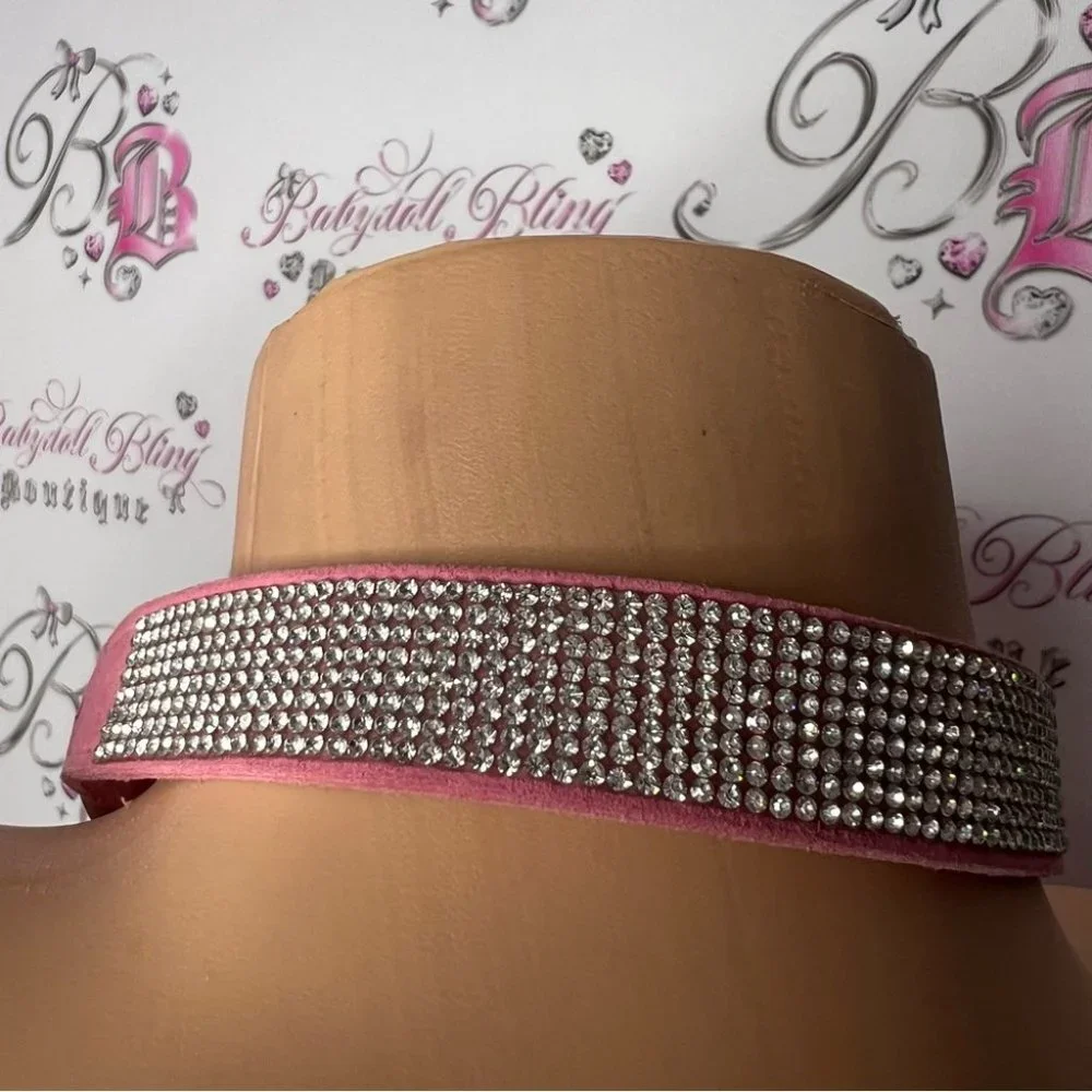 Bling collar rhinestone diamonds animal dog necklace collar choker suede pink